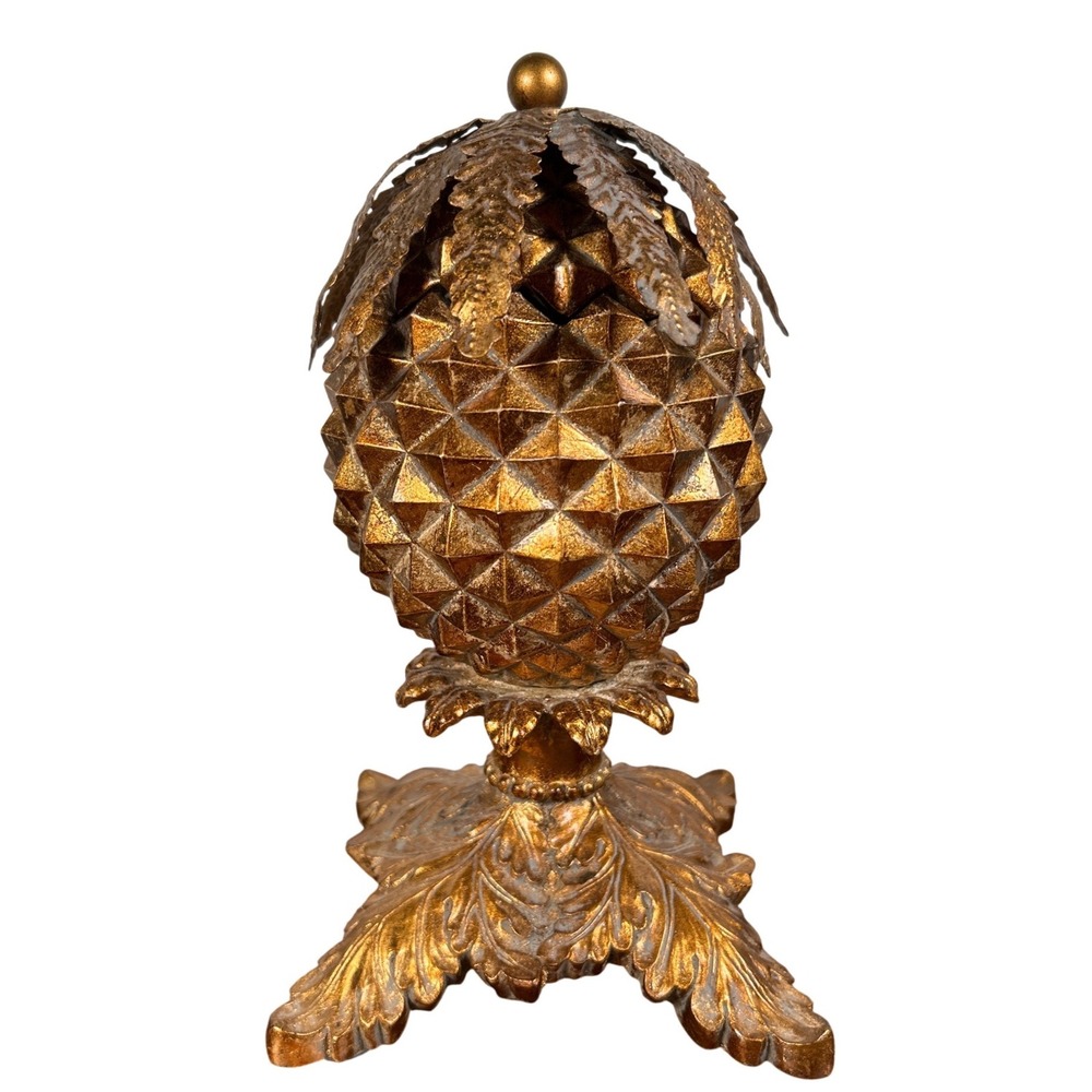 Gold Pineapple Trinket Box Ornate Hollywood Regency Jewelry Dish NRBX 3518